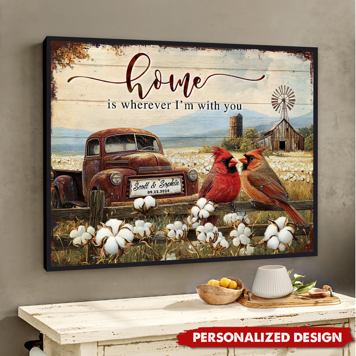 Rustic With Cardinals And Vintage Truck-Personalized Poster-Romantic Gift for Couples