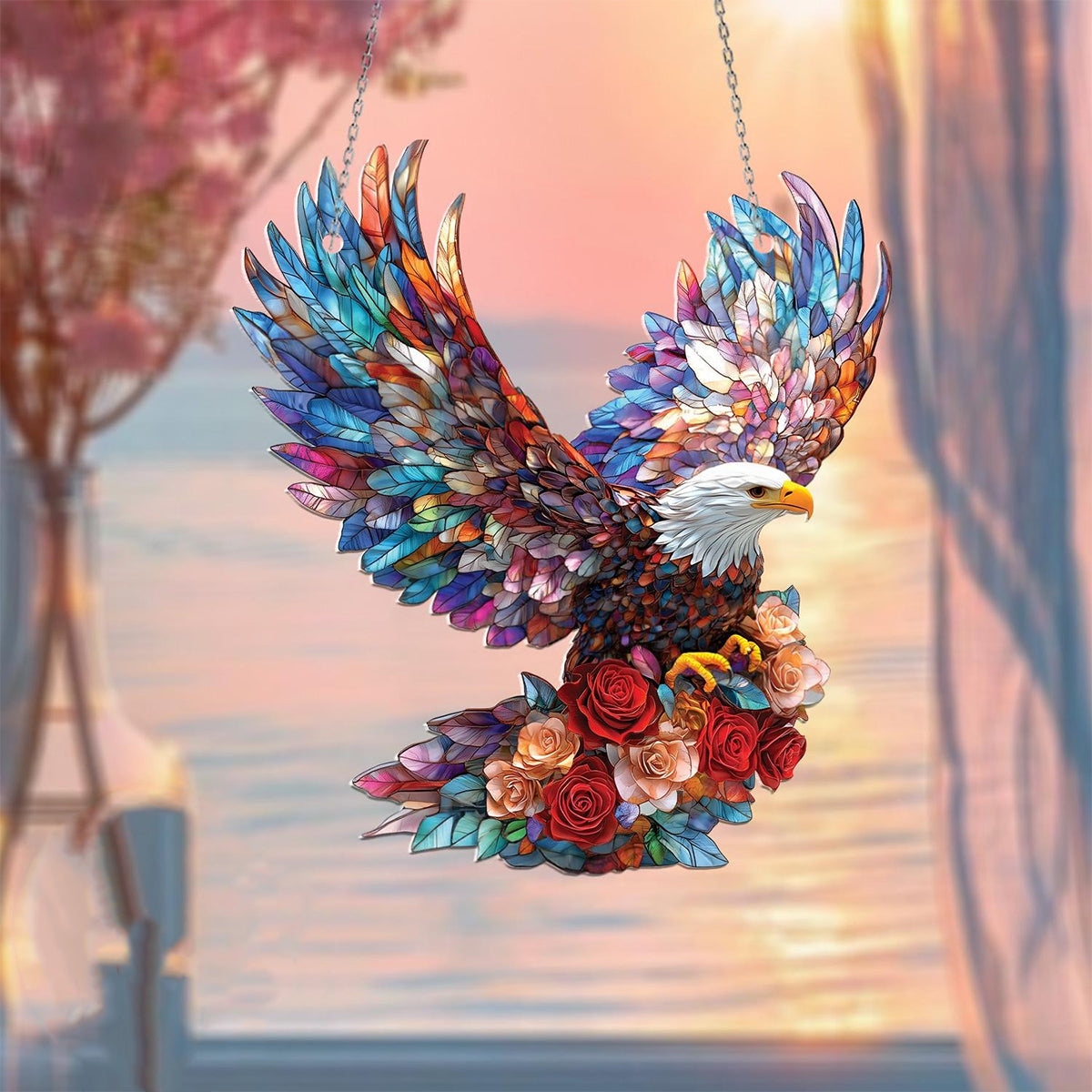 Bald Eagle with Roses Window Hanging - nique Nature-Inspired Gift