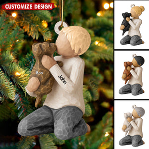Personalized Boy Girl Hugging Dog Wooden Christmas Ornament - Gift For Dog Lovers