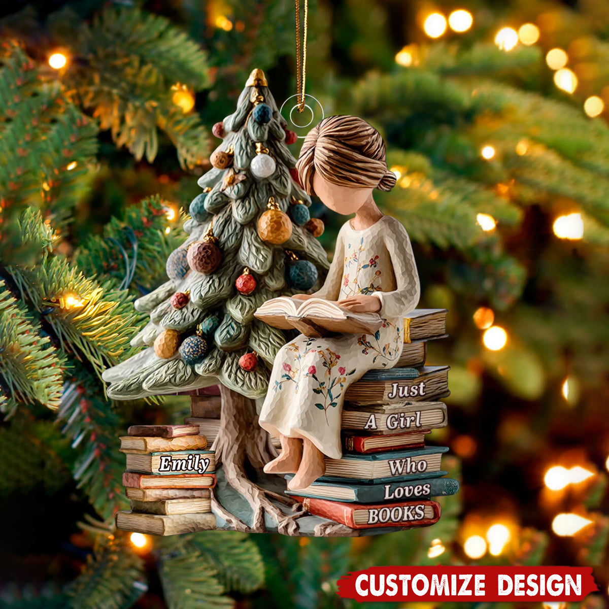 Personalized Girl Reading Book Christmas Scene Acrylic Ornament Christmas Gift For Book Lovers