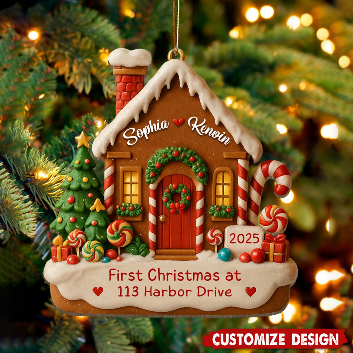 Personalized New Home Gingerbread Christmas Acrylic Ornament, Housewarming Bauble Gift