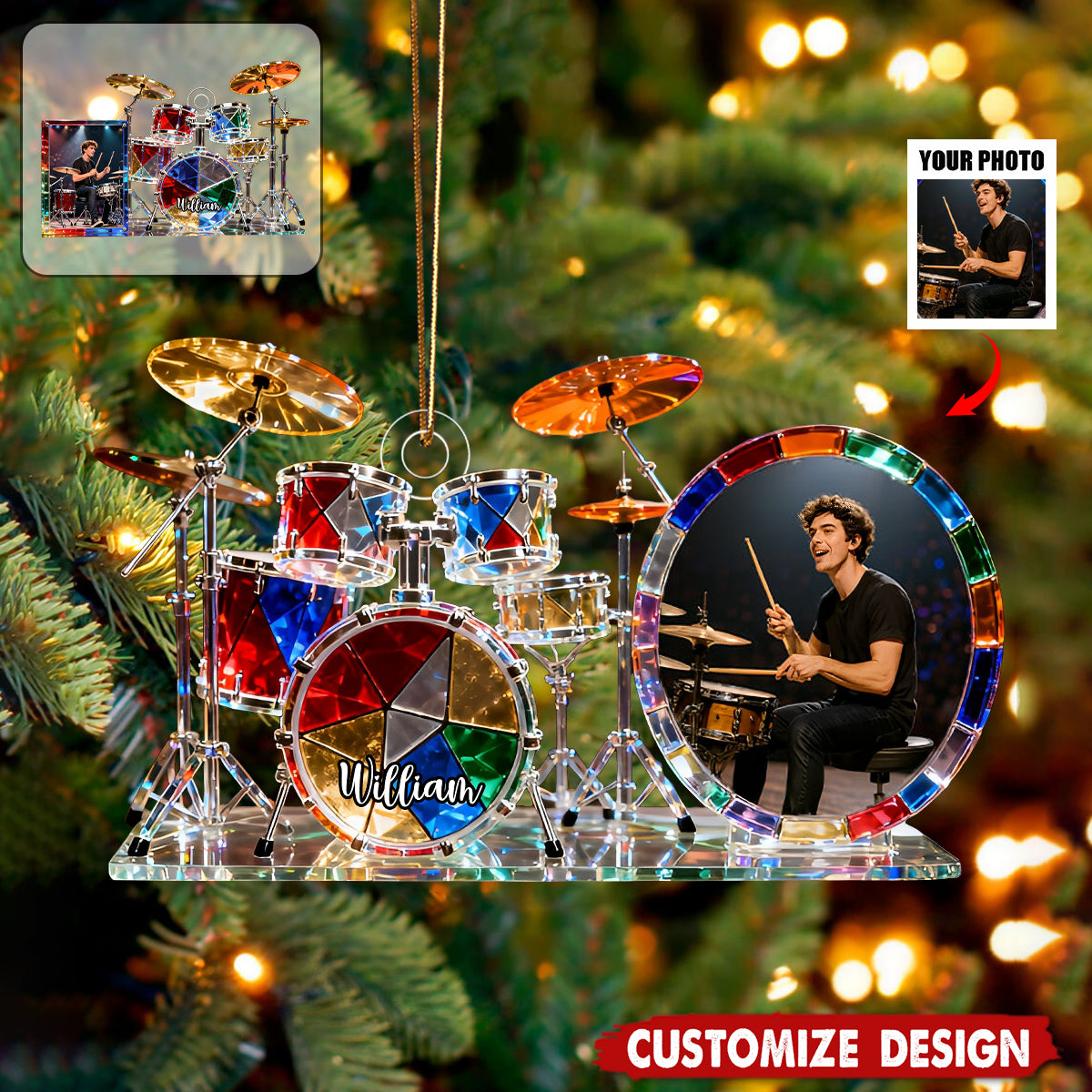 Personalized stained glass drum set themed photo ornament