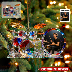 Personalized stained glass drum set themed photo ornament
