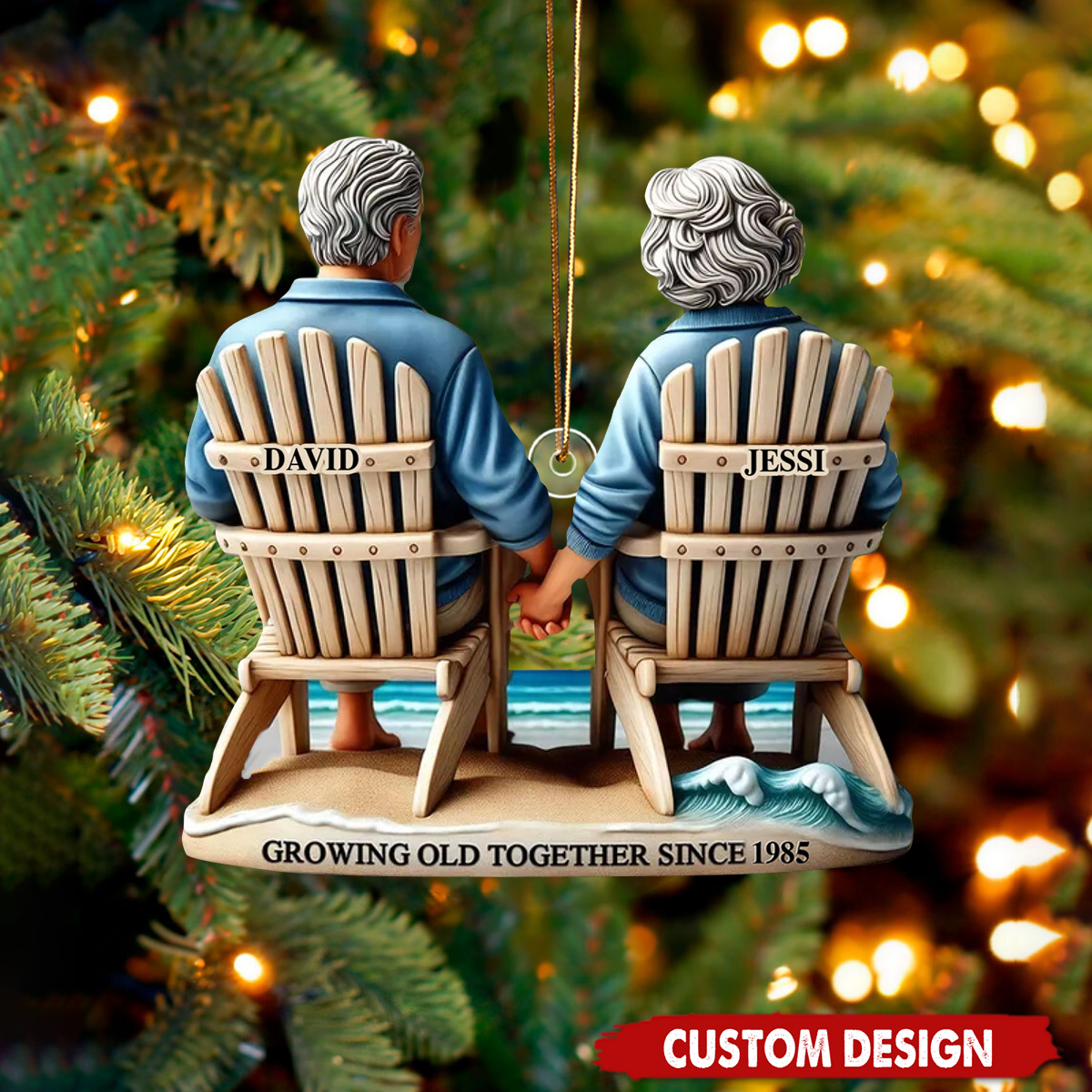 Old Couple Sitting On The Beach Growing Old Together, Personalized Christmas Acrylic Ornament, Gift For Couple 2025