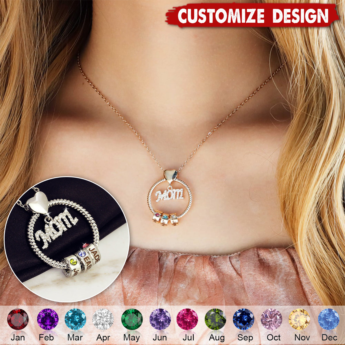 Personalized Circle Pendant With Birthstone Beads Necklace - Gift For Mom Grandma