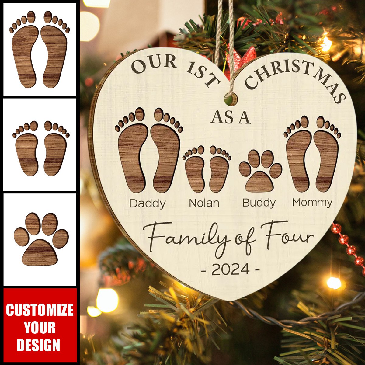 First Christmas As A Family Of Four Footprints - 2024 New Release Personalized Custom Shaped Wooden Ornament
