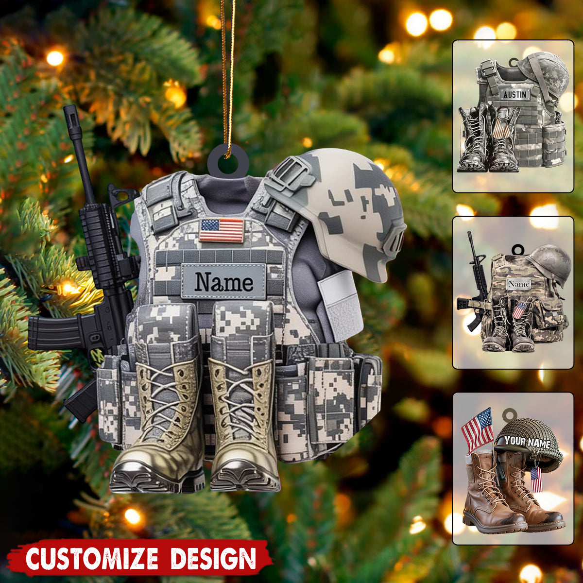 Army Uniform Ornament, Boots & Hat Personalized Ornament, Gift For Dad, Soldier, Veterans, Gift For Dad