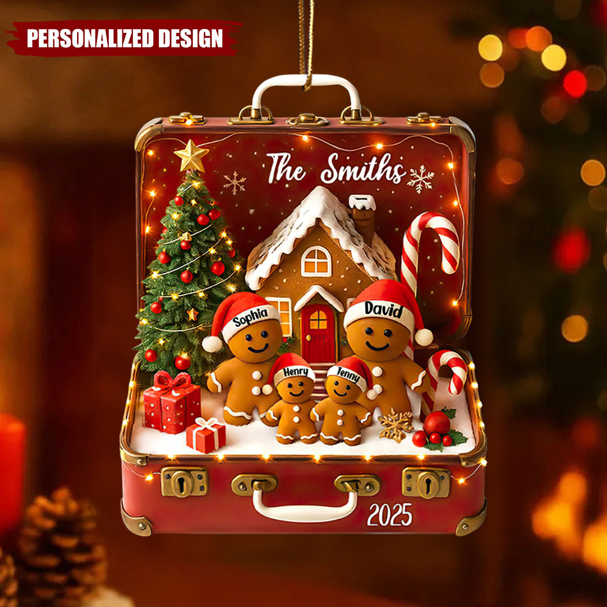 Gingerbread Family Vintage Suitcase-Personalized Acrylic Ornament