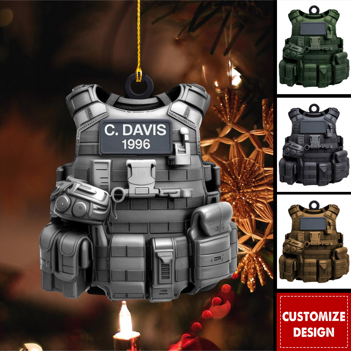 Personalized Tactical Vest Ornament with Name & Number – Custom Christmas Tree Decoration – Gift for Military, Police, Security Forces