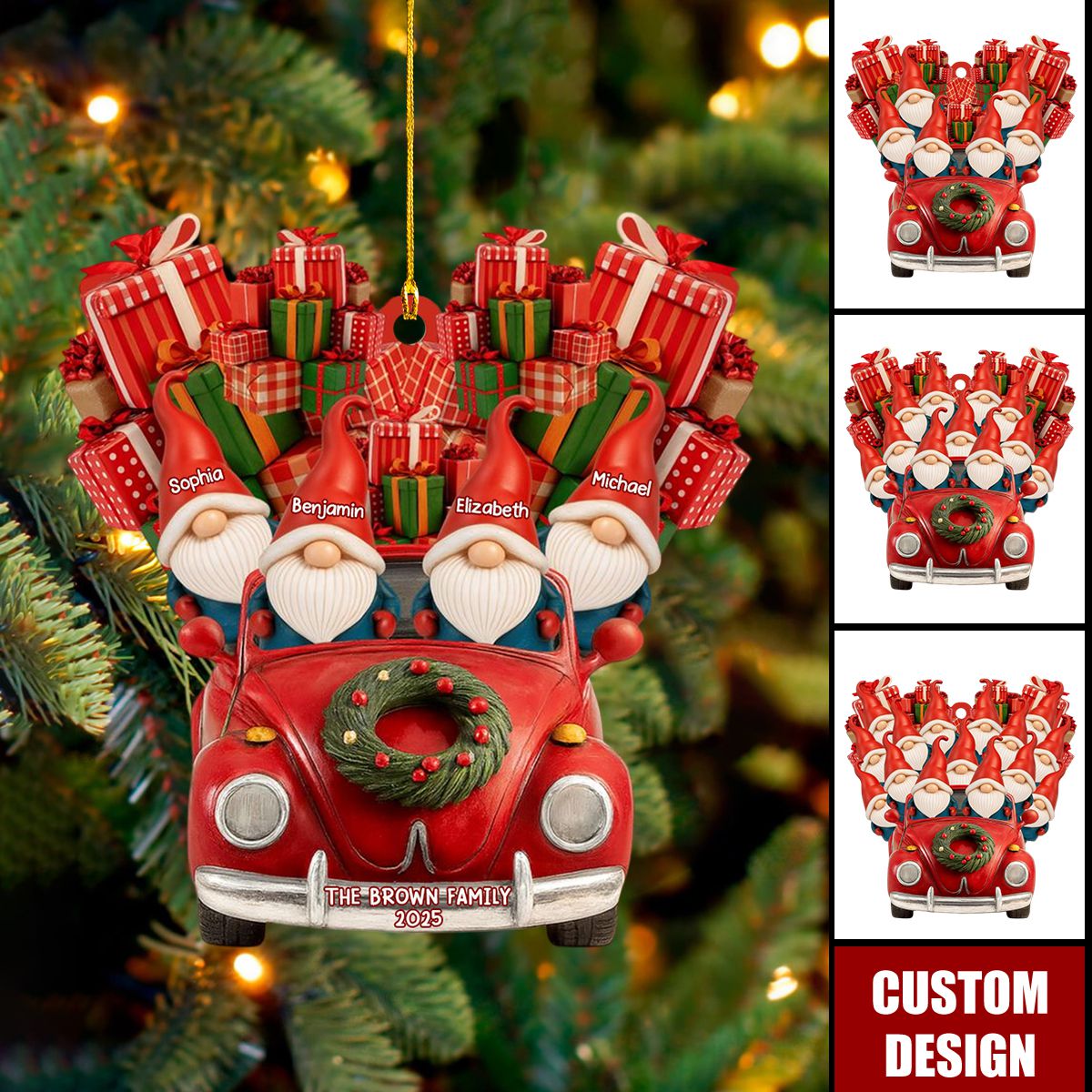 Personalized Santa Hats and Red Car Family Christmas Ornaments, Gift For Family