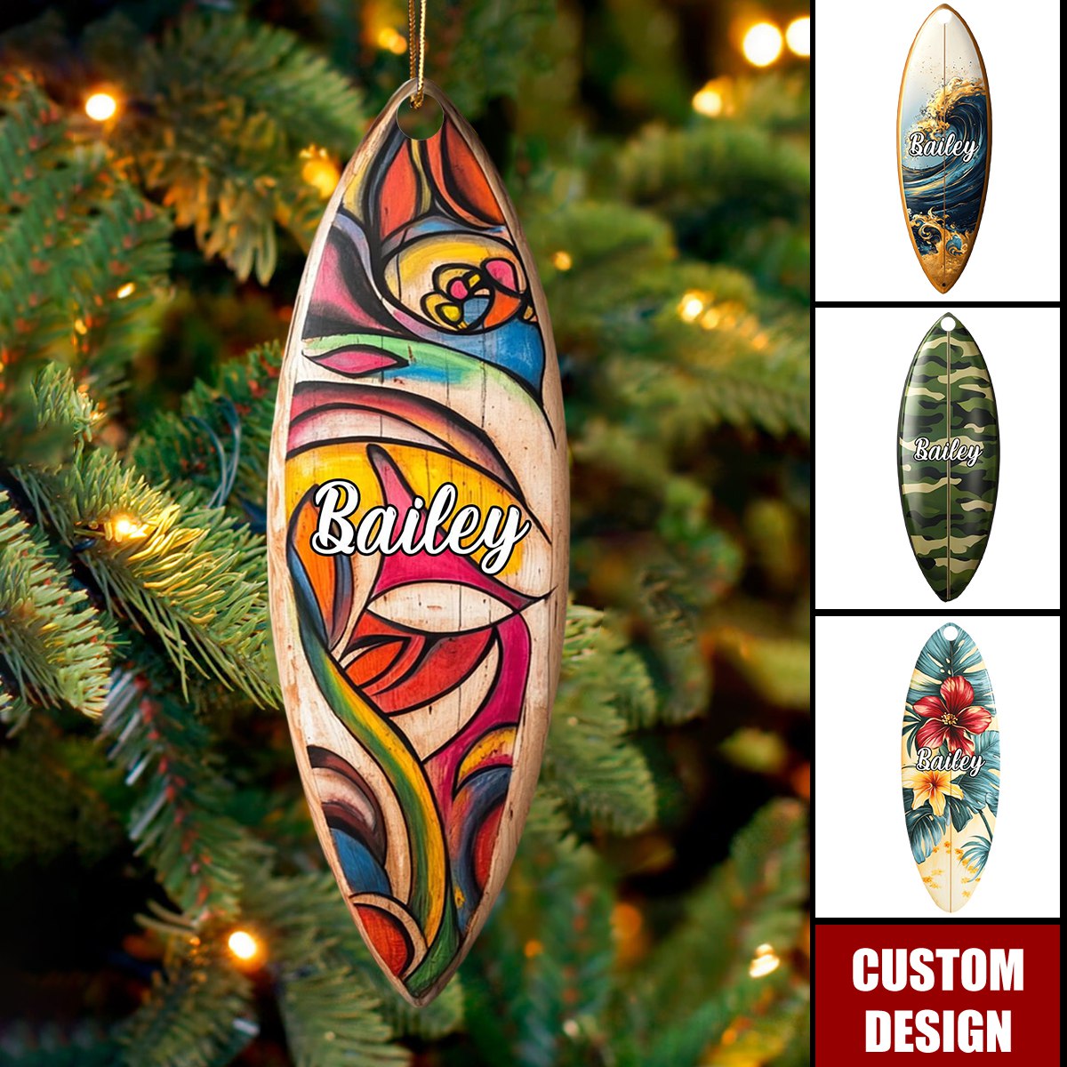 Personalized Surfboard Colorful Christmas Ornament