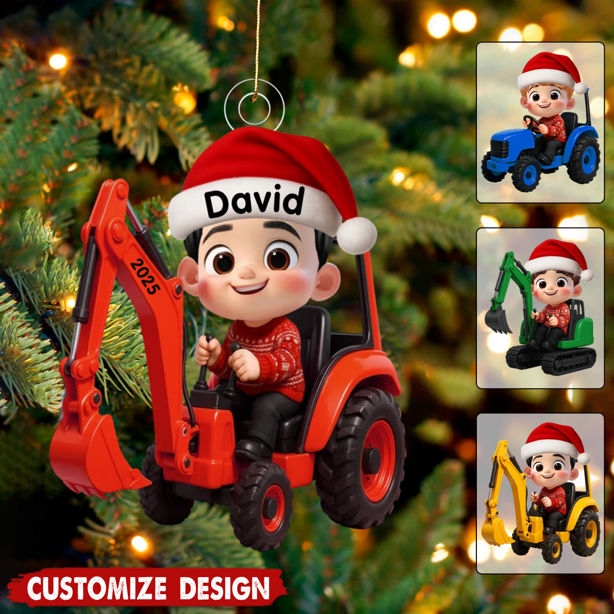 Little Boy Kid With Construction Vehicle Excavator Backhoe Tractor - Christmas Personalized Acrylic Ornament