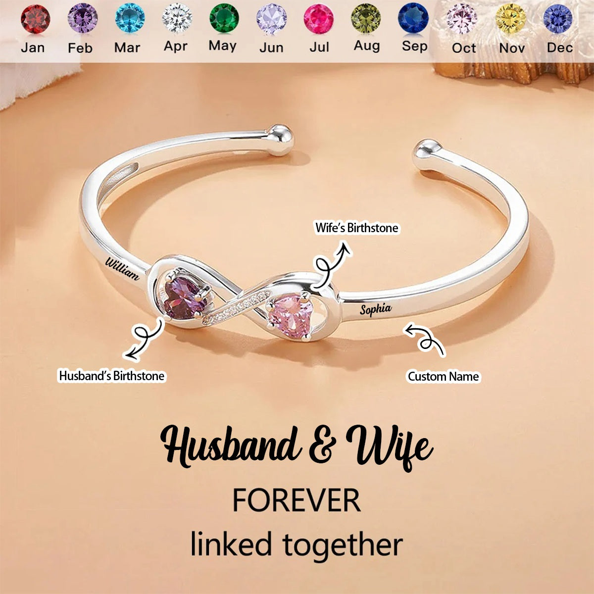 Personalized Husband & Wife Infinity Dual Birthstone Bracelet
