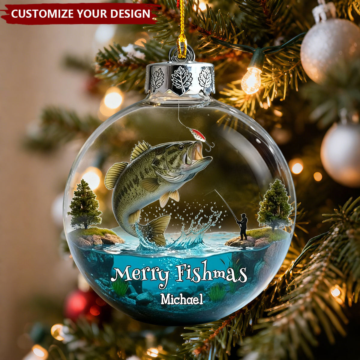 Merry Fishmas - Personalized Fishing Transparent Ornament