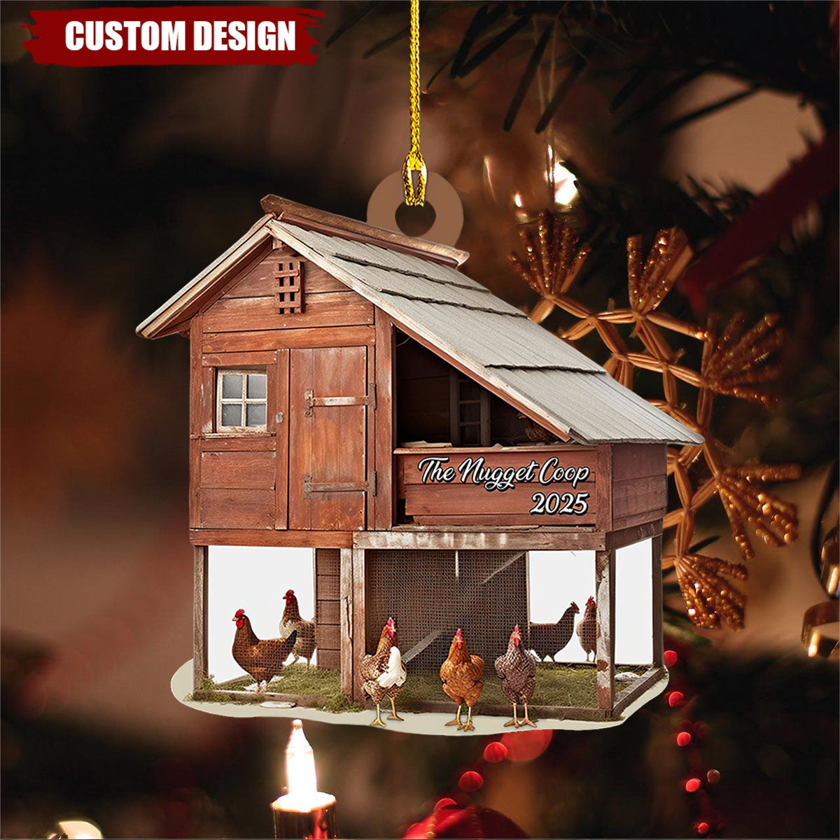 Custom Name Farmhouse Chicken Personalized Ornament, Christmas Tree Hanging Decor, Christmas Ornament, Flat 2D Ornament Wooden