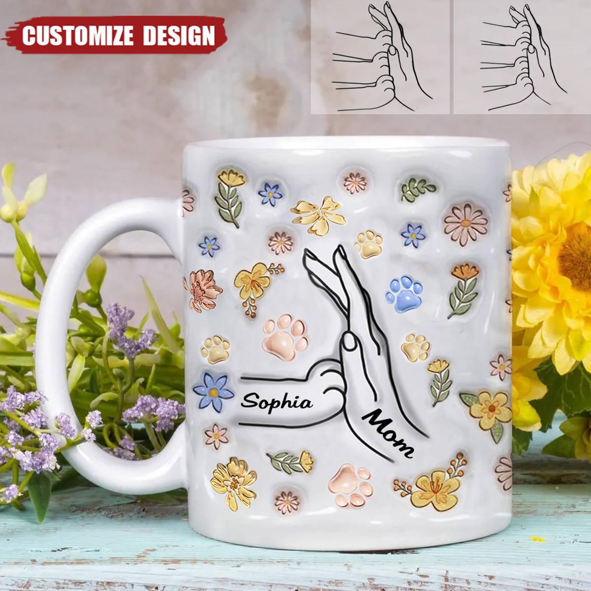 High Five Paw And Hand Personalized Mug - Gift For Cat Mom