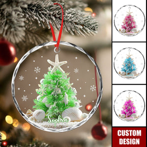 Personalized Sea Theme Christmas Ornament, Coastal Blue Tree With Seashells & Starfish