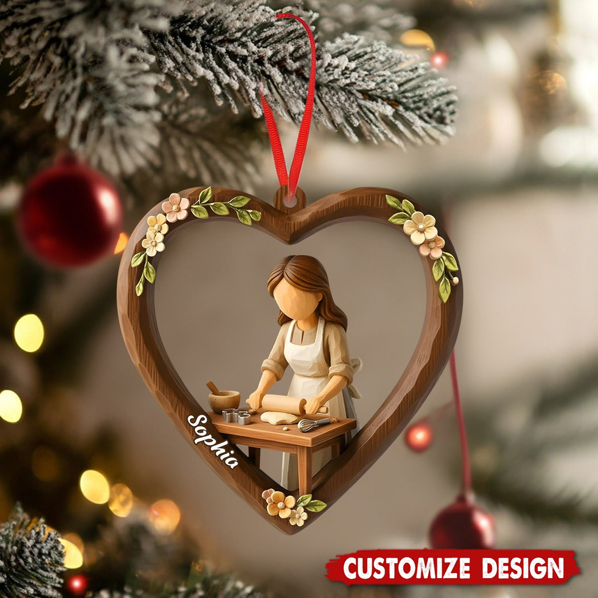 Personalized Girl and Baking Heart Christmas Ornament - Gift for Baking Lover And Grandma Mom