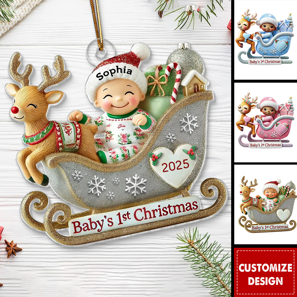 Baby First Christmas Newborn On Sleigh Keepsake Personalized Acrylic Ornament