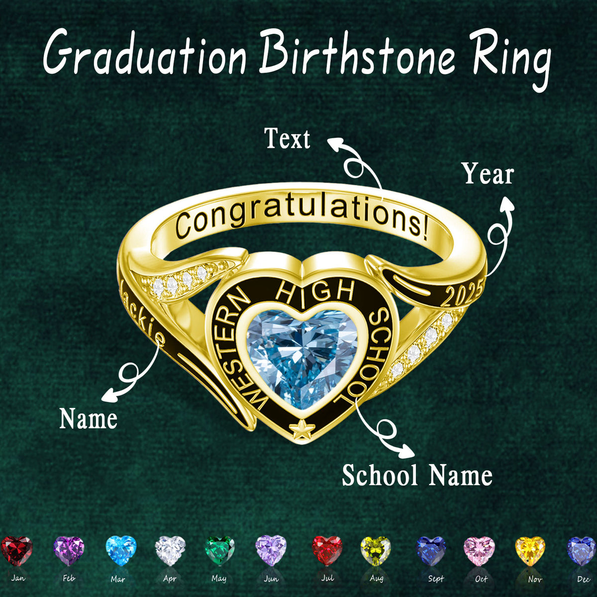 Personalized Engraved Graduation Heart Birthstone Ring, Graduation Gift