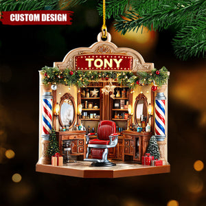 2D FLAT Personalized Barber Shop Christmas Ornament, Custom Shape Barber Acrylic Ornament, Christmas Gift For Barber, Barber Shop Decor