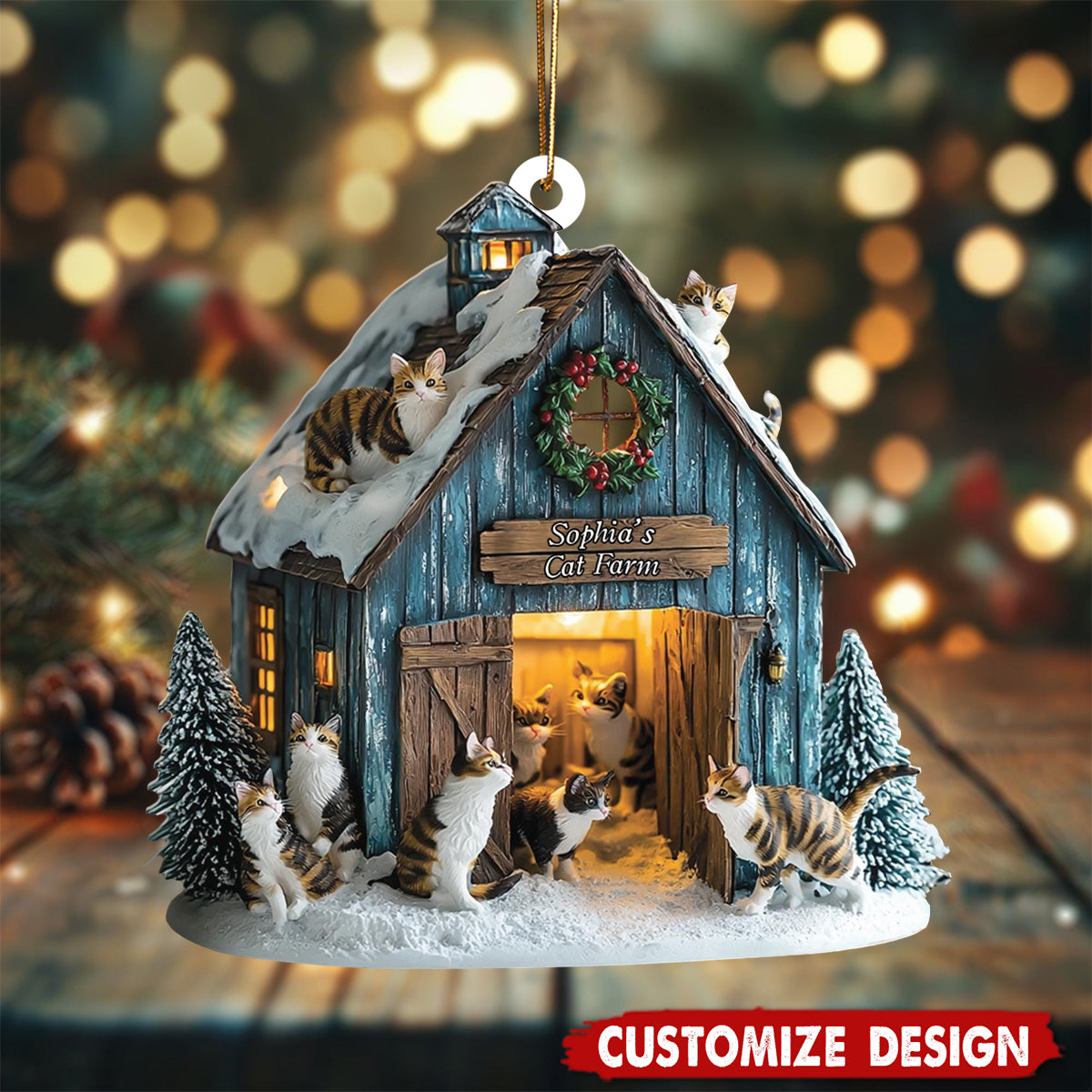 Personalized Cat Farm Ornament with Barn and Cats, Custom Christmas Decor for Cat Lovers, Pet Holiday Gift, Farmer Ornament
