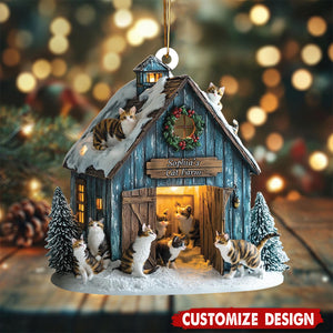 Personalized Cat Farm Ornament with Barn and Cats, Custom Christmas Decor for Cat Lovers, Pet Holiday Gift, Farmer Ornament