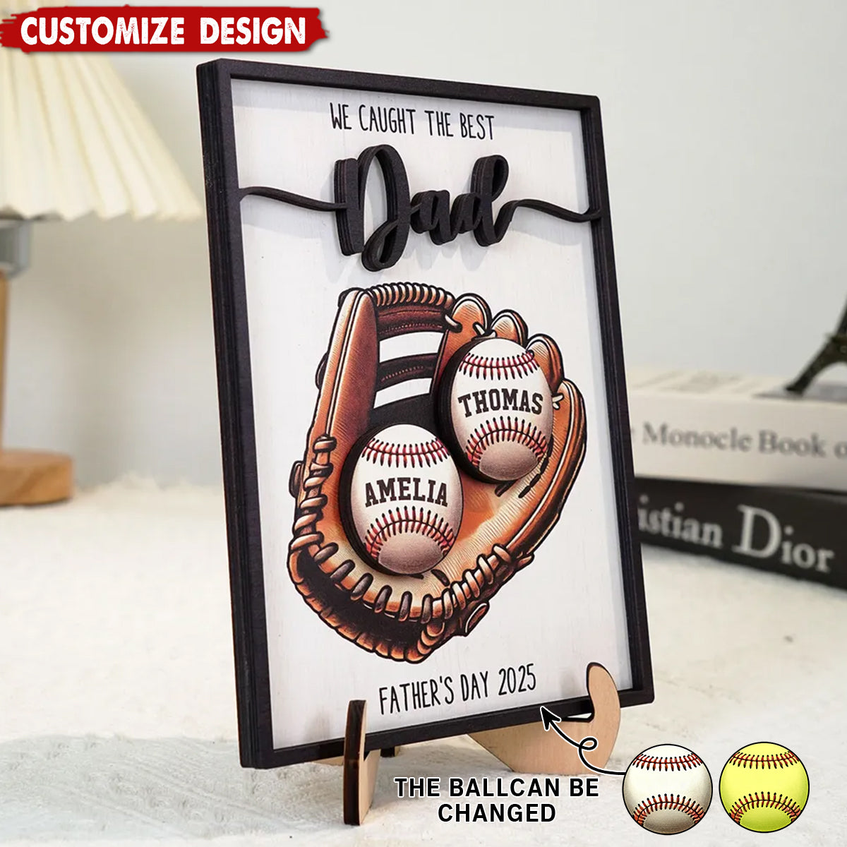 Personalized 2-Layered Wooden Plaque, Father’s Day Gift We Caught The Best Dad Baseball, Softball