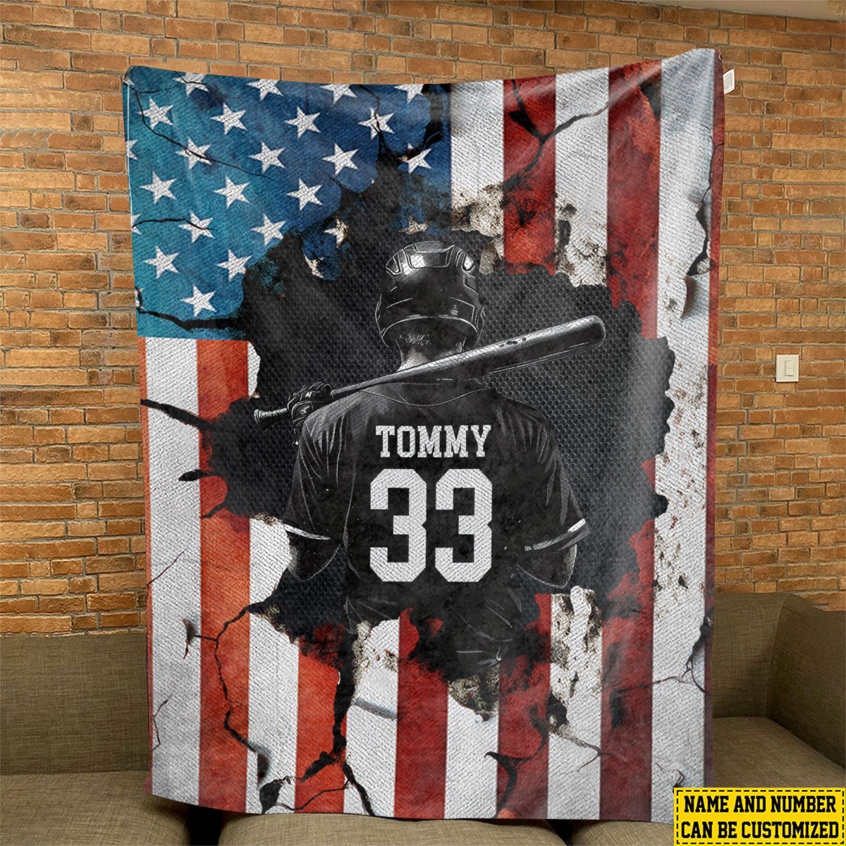 Personalized Baseball Boy American Flag Blanket - Gift For Baseball Lovers