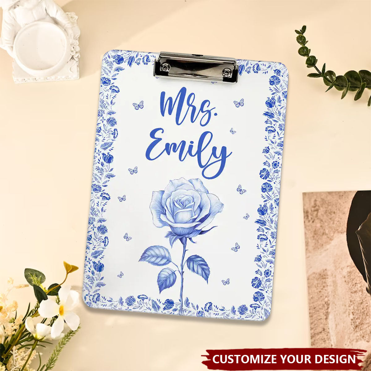 Birth Flower Chinoiserie Toile Art - Personalized Acrylic Clipboard