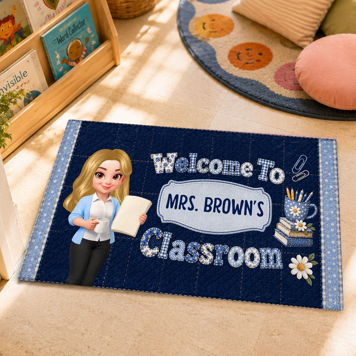 Pastel Floral Teacher Welcome To Classroom - Personalized Doormat - Back To School Gift