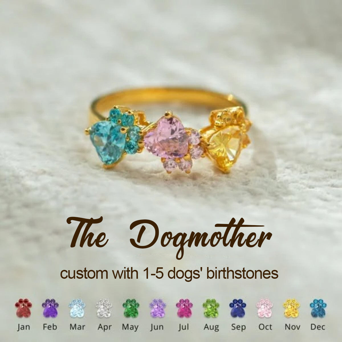 The Dogmother Dog Paws 1-5 Birthstones Ring