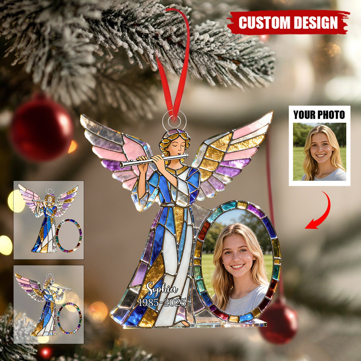 Personalized stained glass angel flute themed photo ornament
