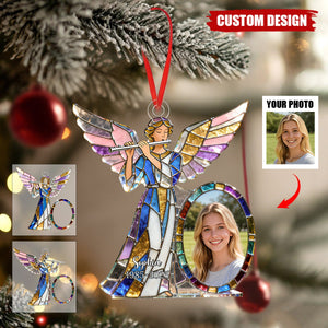 Personalized stained glass angel flute themed photo ornament