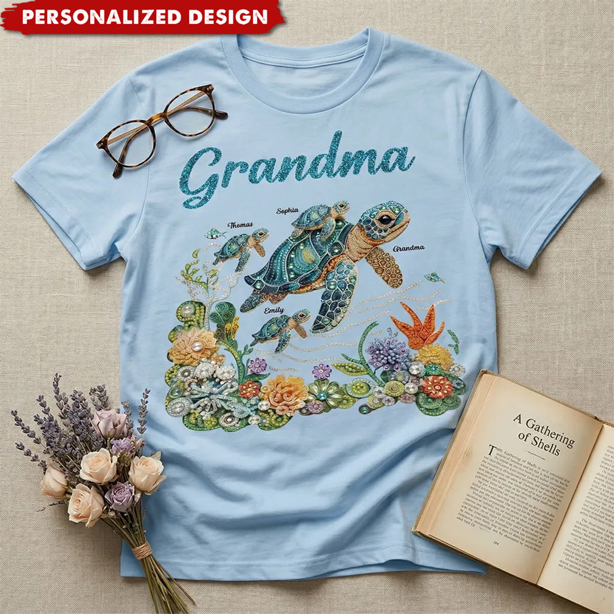 Personalized Mom Grandma Sea Turtle Rhinestones Style Shirt-Mother's Day Gift For Mom Grandma