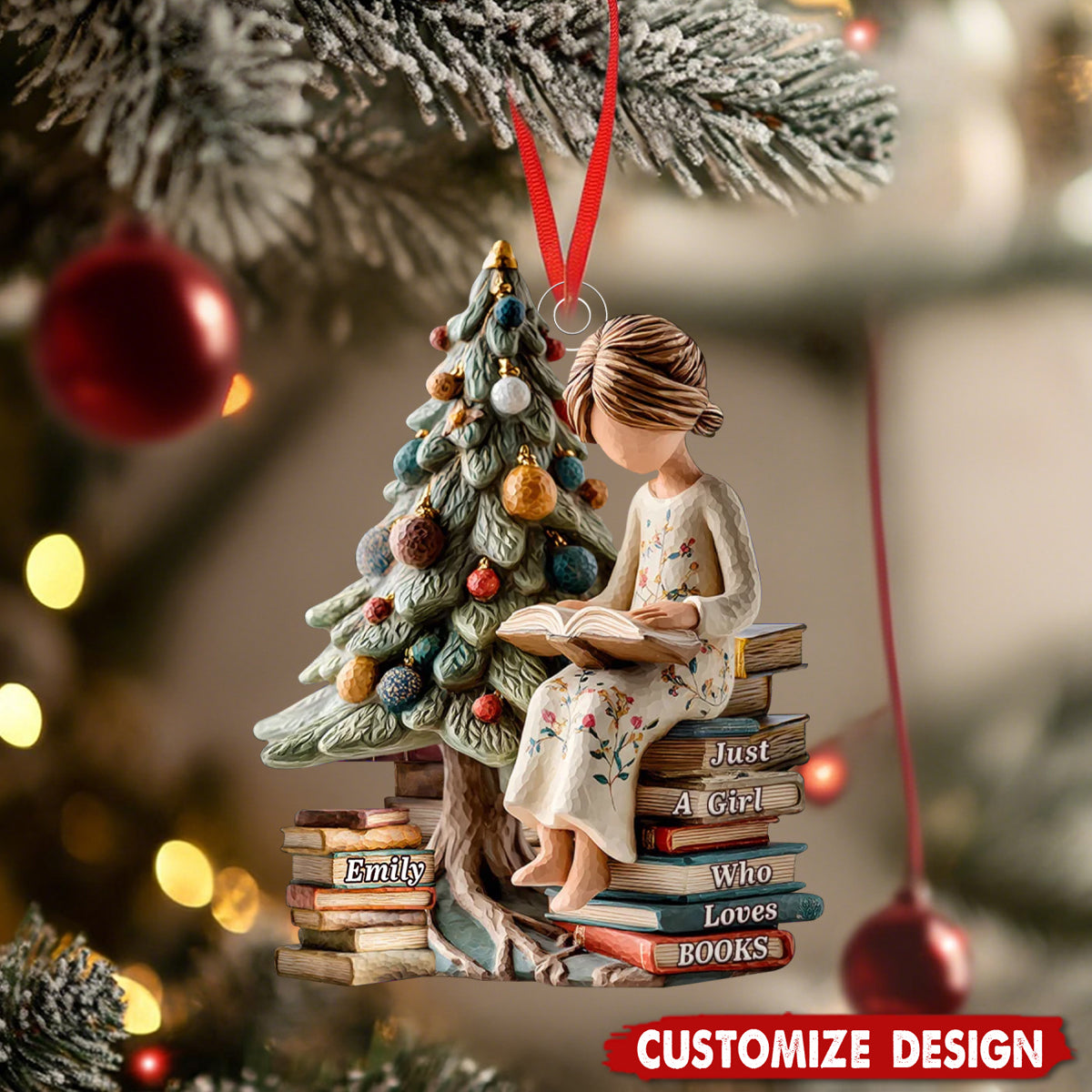 Personalized Girl Reading Book Christmas Scene Acrylic Ornament Christmas Gift For Book Lovers