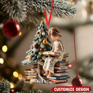 Personalized Girl Reading Book Christmas Scene Acrylic Ornament Christmas Gift For Book Lovers