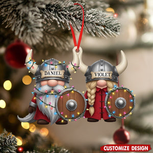 Custom Viking  Christmas Ornament – Personalized Name Nordic Couple Decoration with Helmets & Shields, Cute Holiday Tree Gift