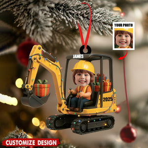 Personalized Kids Face Photo Christmas Excavator Construction Ornament