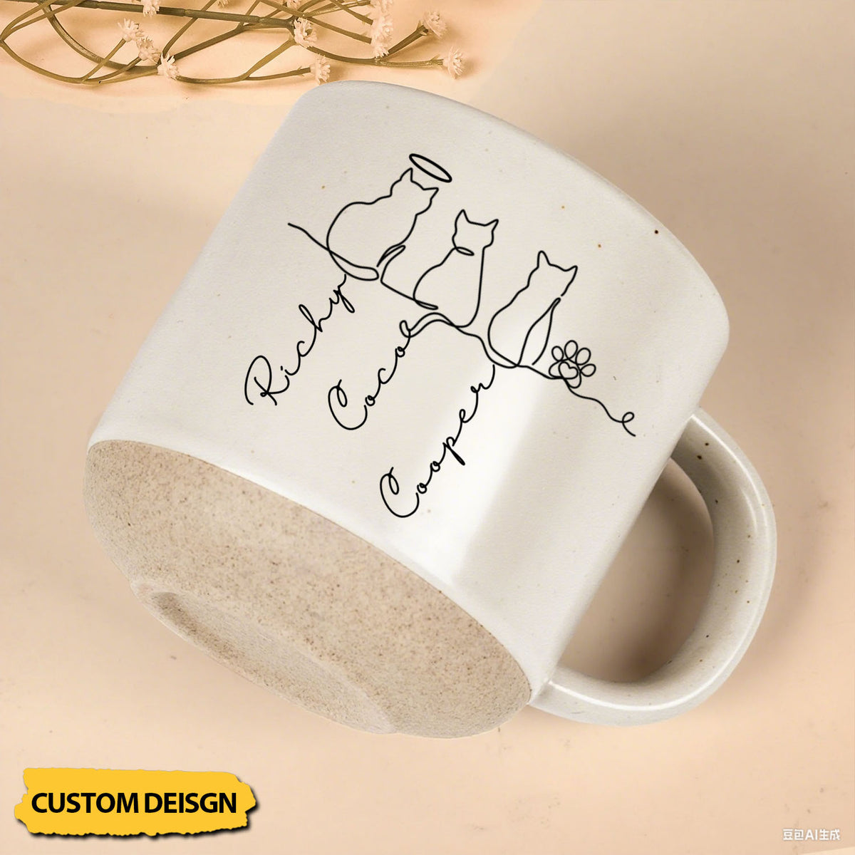 Line Art Cute Cats - Personalized Pottery Mug, Gift for Cat Lovers