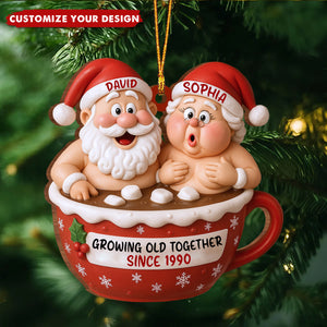 Growing Old Together Santa Claus In Hot Chocolate Cup, Personalized Couple Ornament
