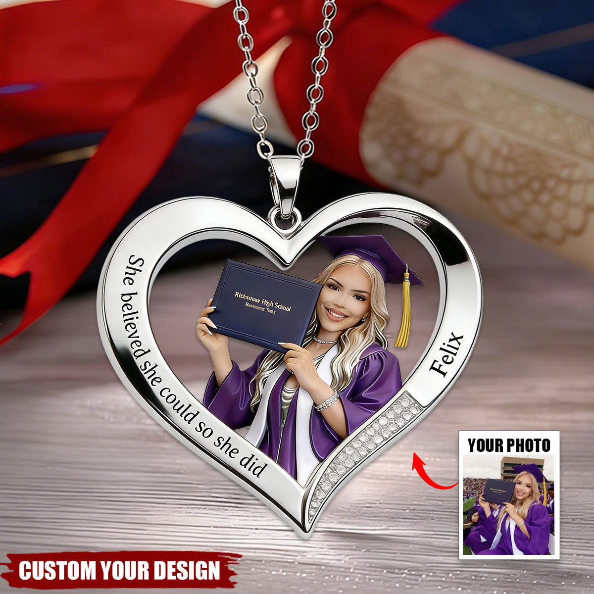 You Did It - Personalized Graduation Shaped Metal Pendant Necklace