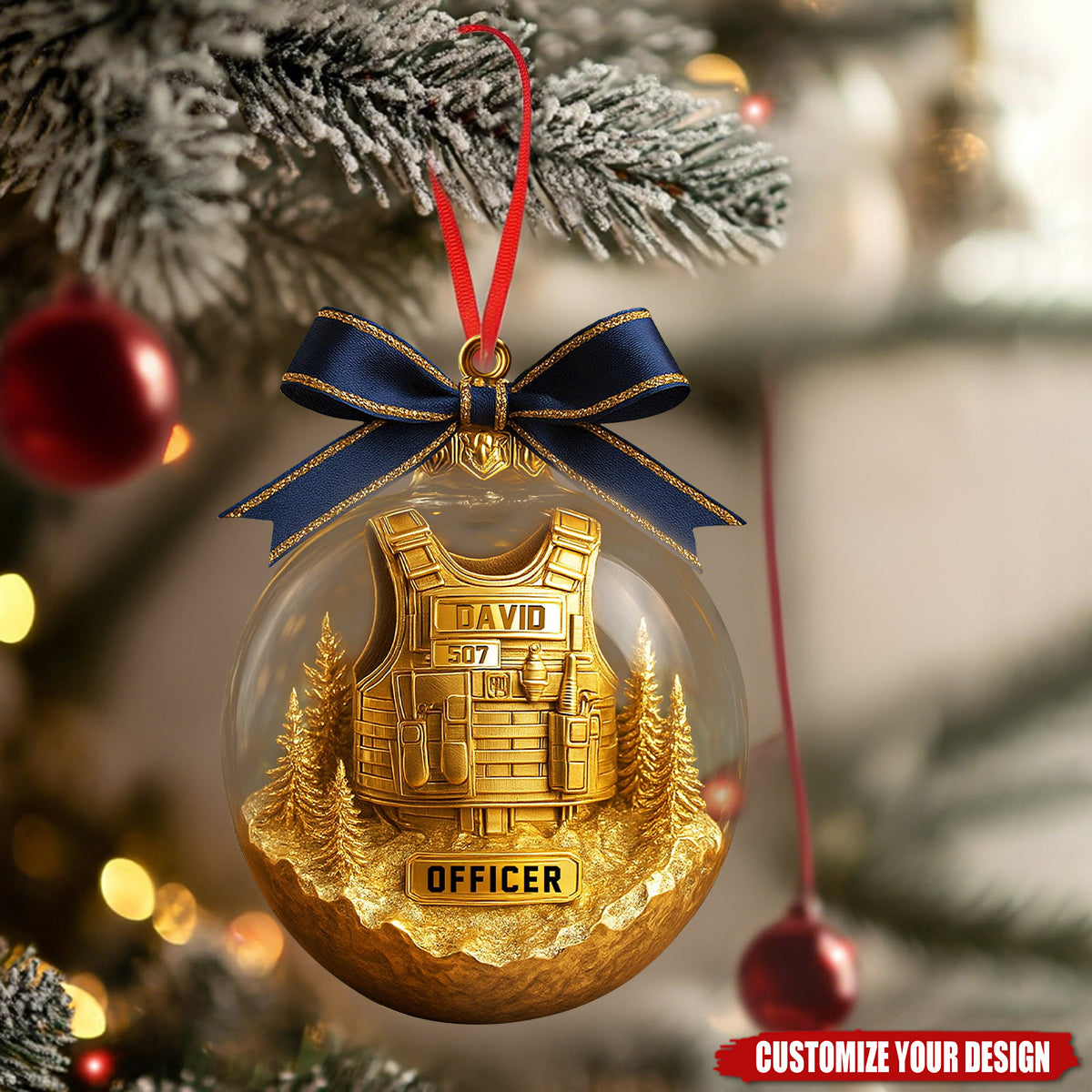 Personalized Police Officer Ornament with Golden Vest, Law Enforcement Xmas Gift