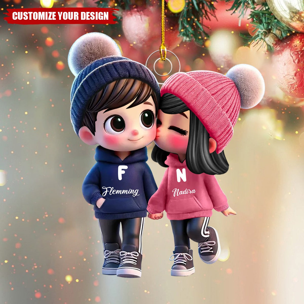 Cute Cartoon Couple Walking Personalized Acrylic Ornament-Gift For Couple