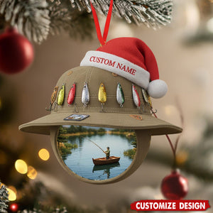 Personalized  Hat & Lake Scene Fishing Christmas Ornament - Gift for Fisherman