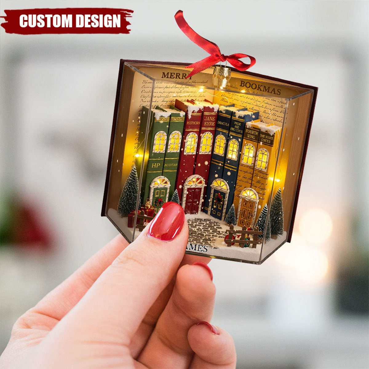 Book Town In A Jolly Christmas Night Acrylic Ornament, Personalized Gifts For Book Lovers
