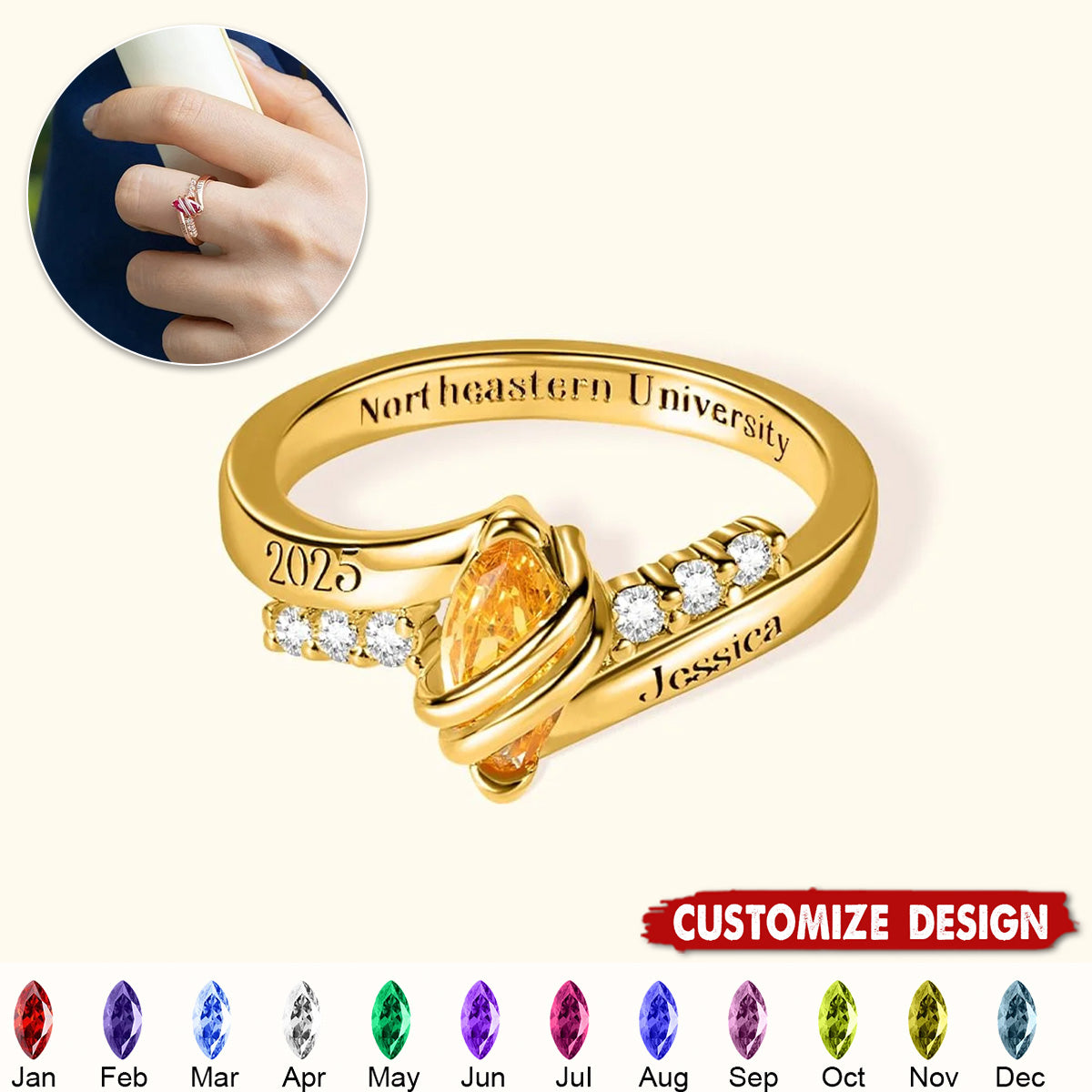 Personalized Graduation Birthstone Ring - Graduation Gift for College High School Class