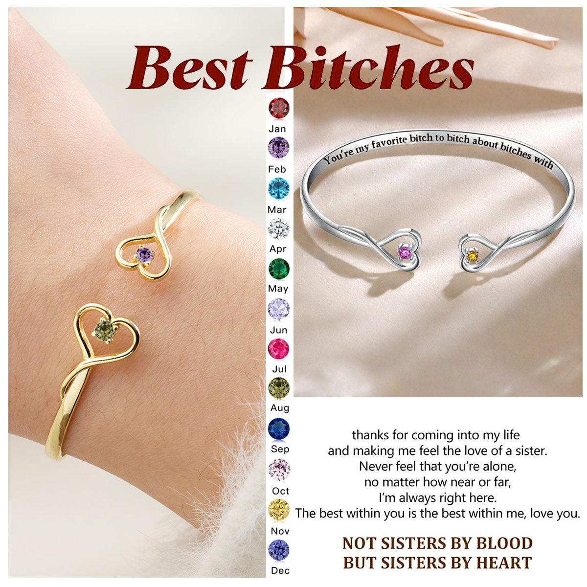 For Friend - You're My Favorite B*ch Double Hearts Custom Birthstones Bracelet