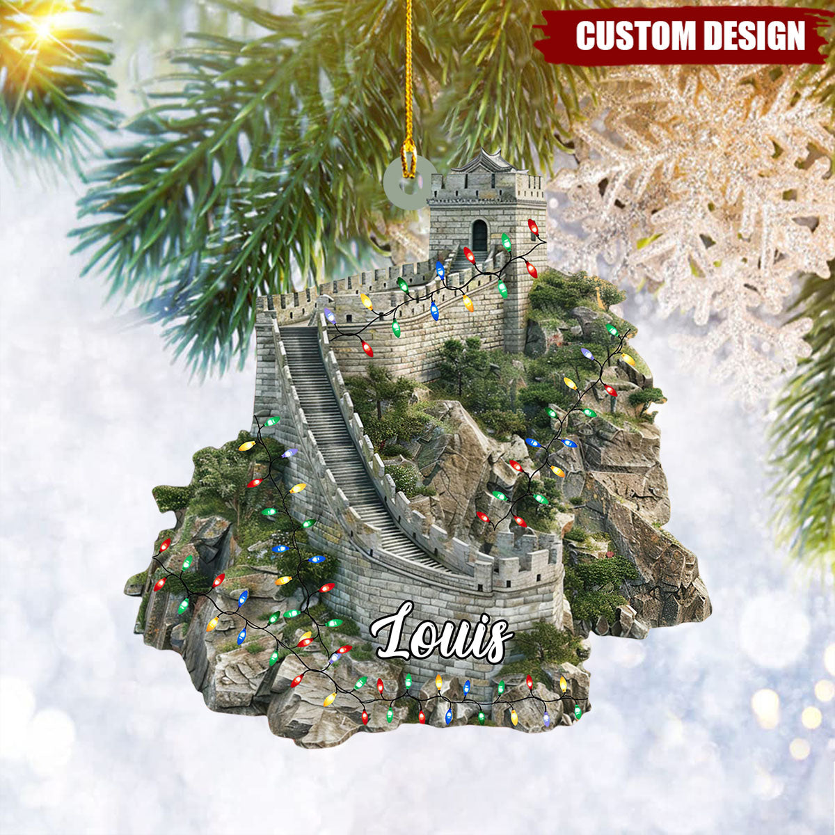 Custom Name Great Wall of China With Christmas Lights Personalized Ornament, Christmas Tree Hanging Decor, Christmas Ornament, Flat Ornament