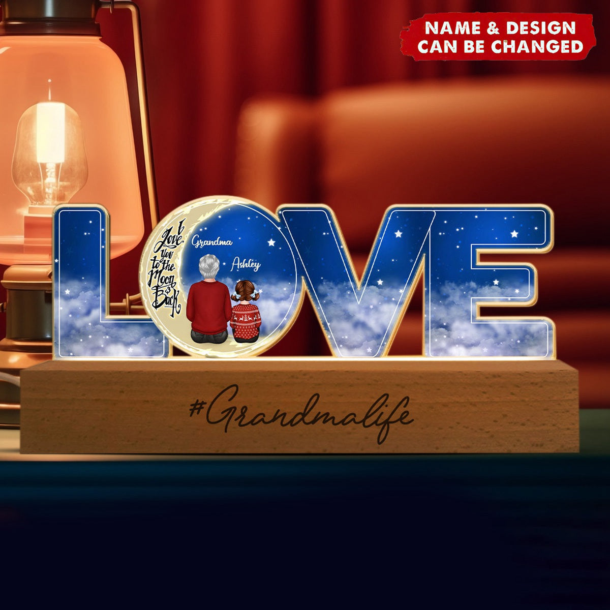 Love Grandma Life Grandma Grandkids On Moon Personalized Acrylic LED Night Light, Gift For Granddaughter, Grandson